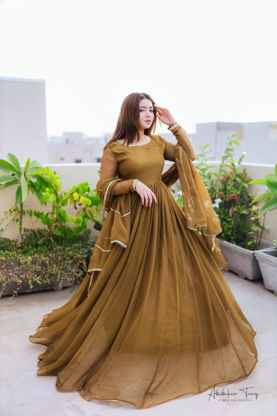 Brown Georgette Anarkali with Dupatta
