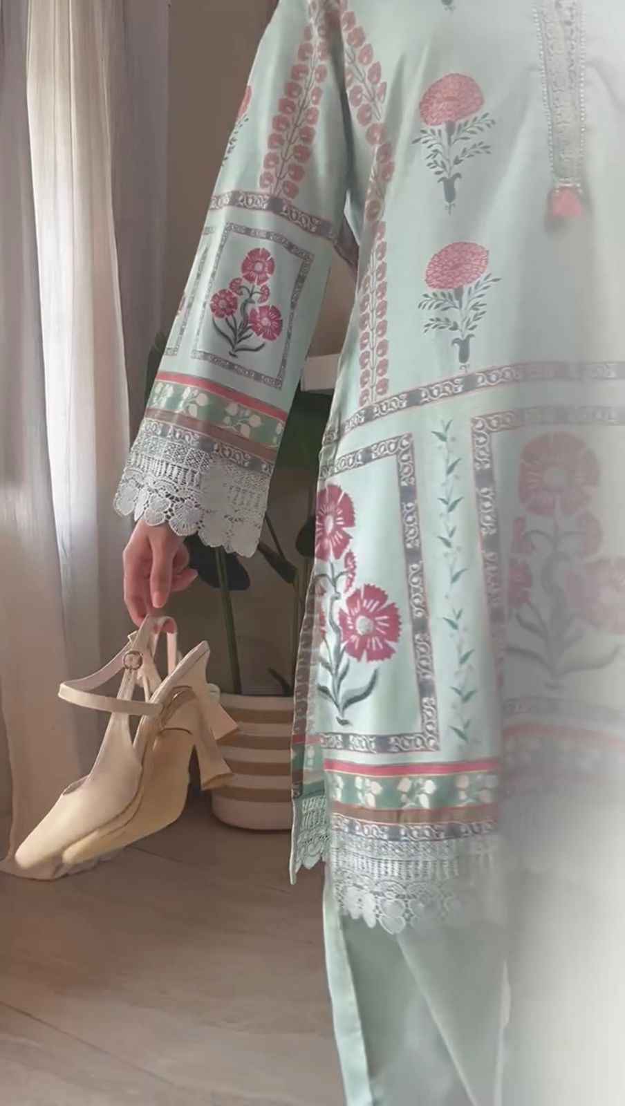 Blue Floral Printed Cotton Kurta & Trousers With Dupatta