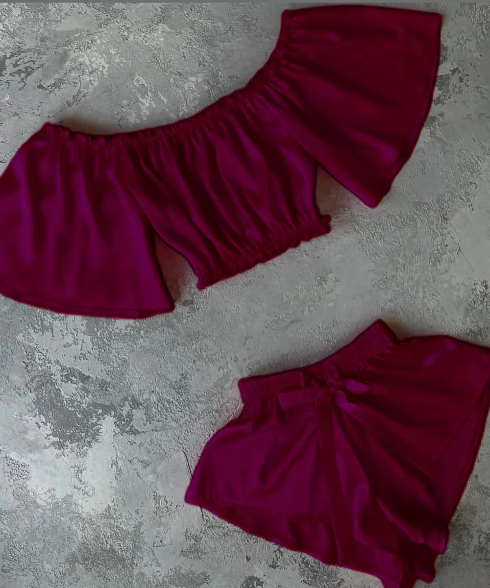 Square Neck Off-Shoulder Blouse With Elastic Shorts
