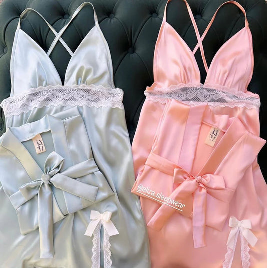 Silk Robe With Long Sleeveless Top 2 Pcs Nightwear P-70