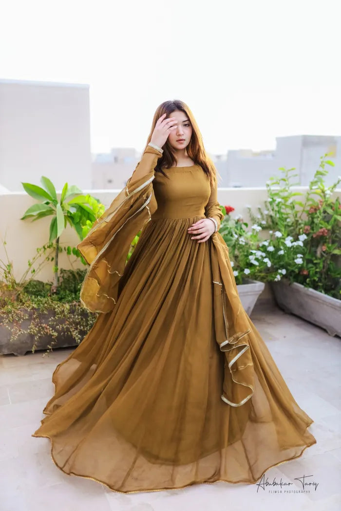 Brown Georgette Anarkali with Dupatta