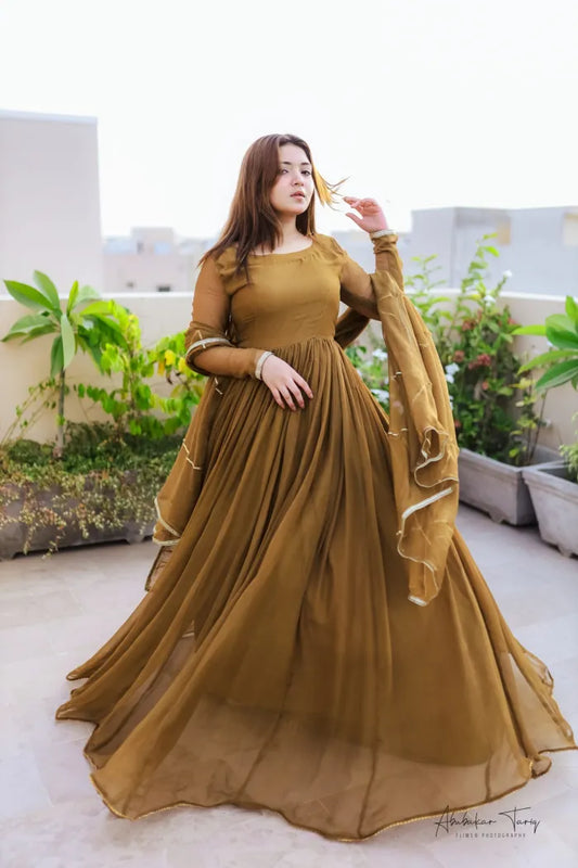 Brown Georgette Anarkali with Dupatta