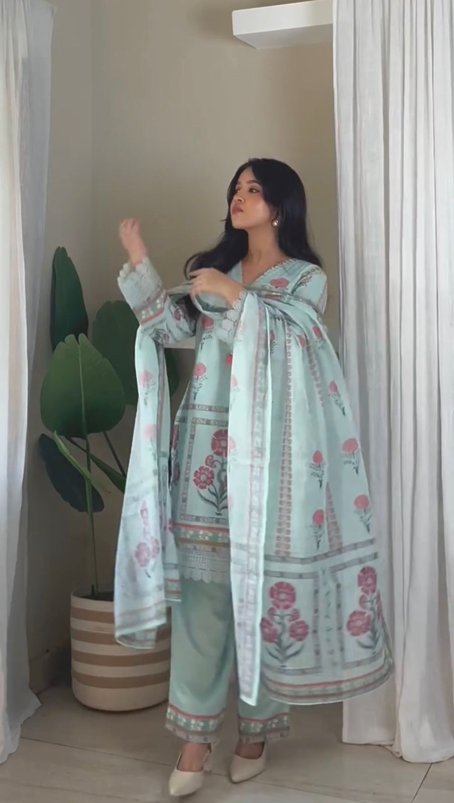 Blue Floral Printed Cotton Kurta & Trousers With Dupatta
