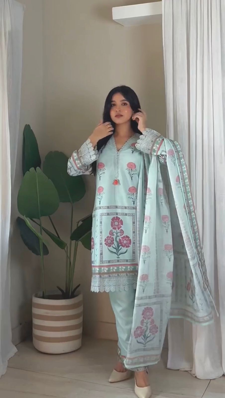 Blue Floral Printed Cotton Kurta & Trousers With Dupatta