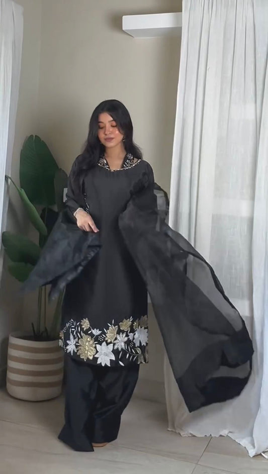 SOLID BLACK HAND EMBELLISHED KURTA WITH FARSHI SHALWAR AND DUPATTA
