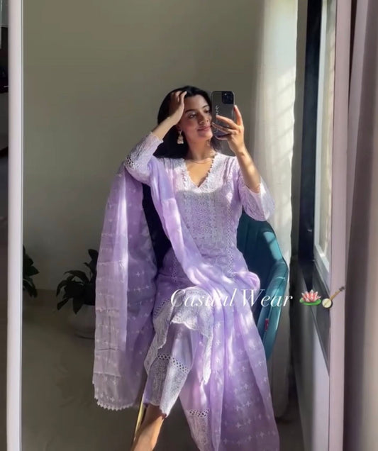 Purple Casual Embroidered 3 Pcs