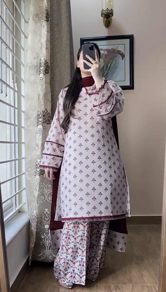 3 Piece Embroidered Printed Dress With Shalwar
