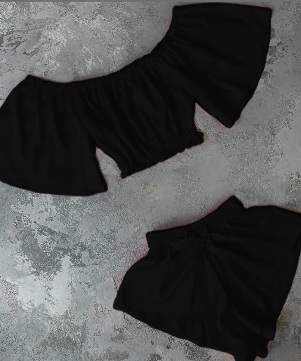 Square Neck Off-Shoulder Blouse With Elastic Shorts