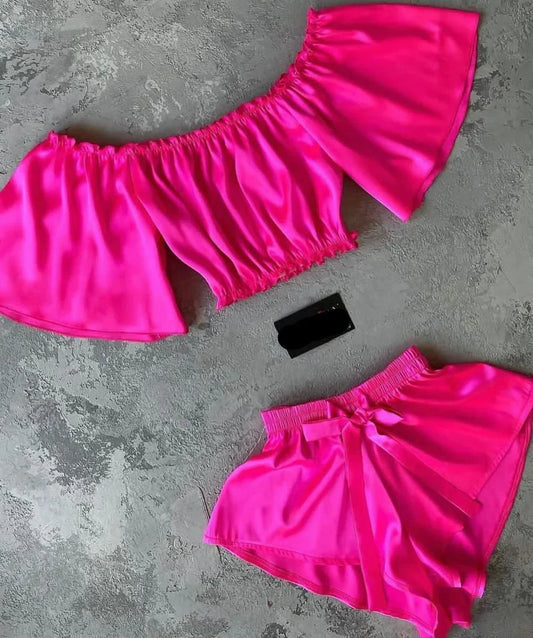 Square Neck Off-Shoulder Blouse With Elastic Shorts