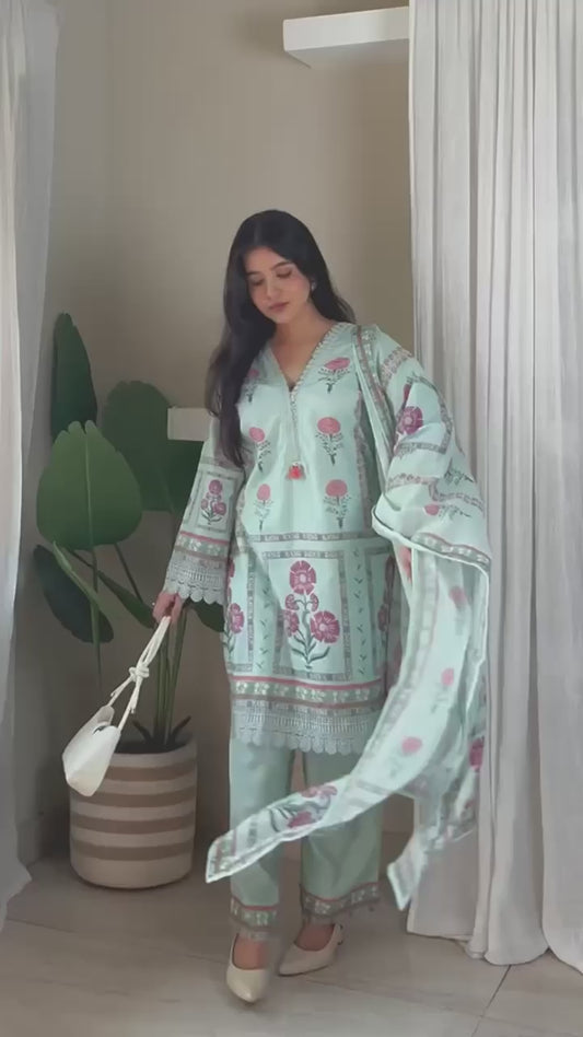 Blue Floral Printed Cotton Kurta & Trousers With Dupatta