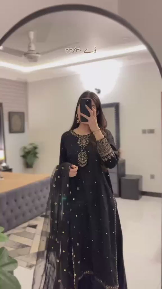 Black Embroidered Stitched Dress