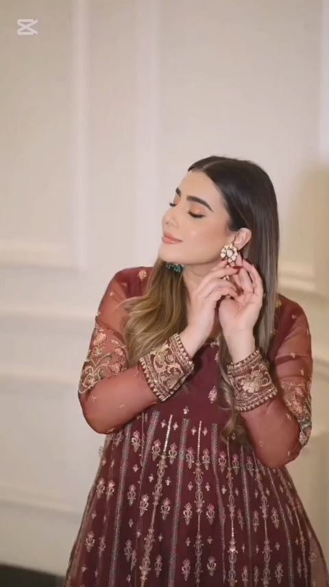 MAROON COLOR EMBROIDERED FROCK WITH SHAFOON DUPATTA AND TROUSER