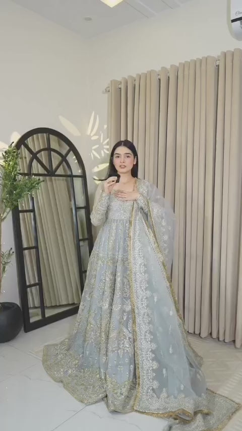 LIGHT BLUE EMBROIDERED FROCK WITH EMBROIDERED SHAFOON DUPATTA